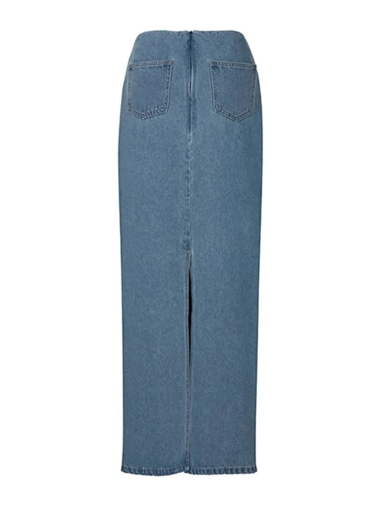 Pre Order:  High Back Slit Denim Maxi Skirt