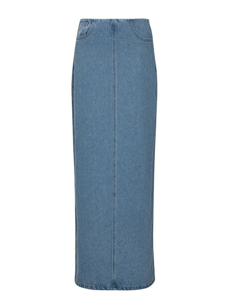 Pre Order:  High Back Slit Denim Maxi Skirt