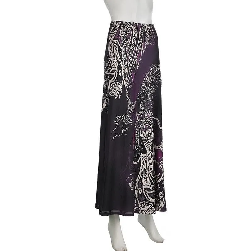 Print high rise abstract contrast maxi skirt