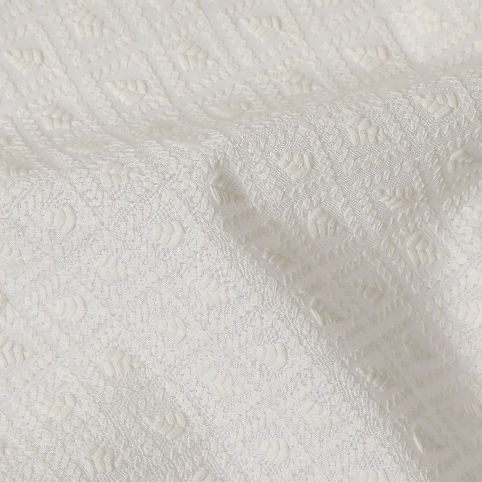 Pure White Cotton Voile Fabric with Textured Embroidery, 110 cm Width-D20122