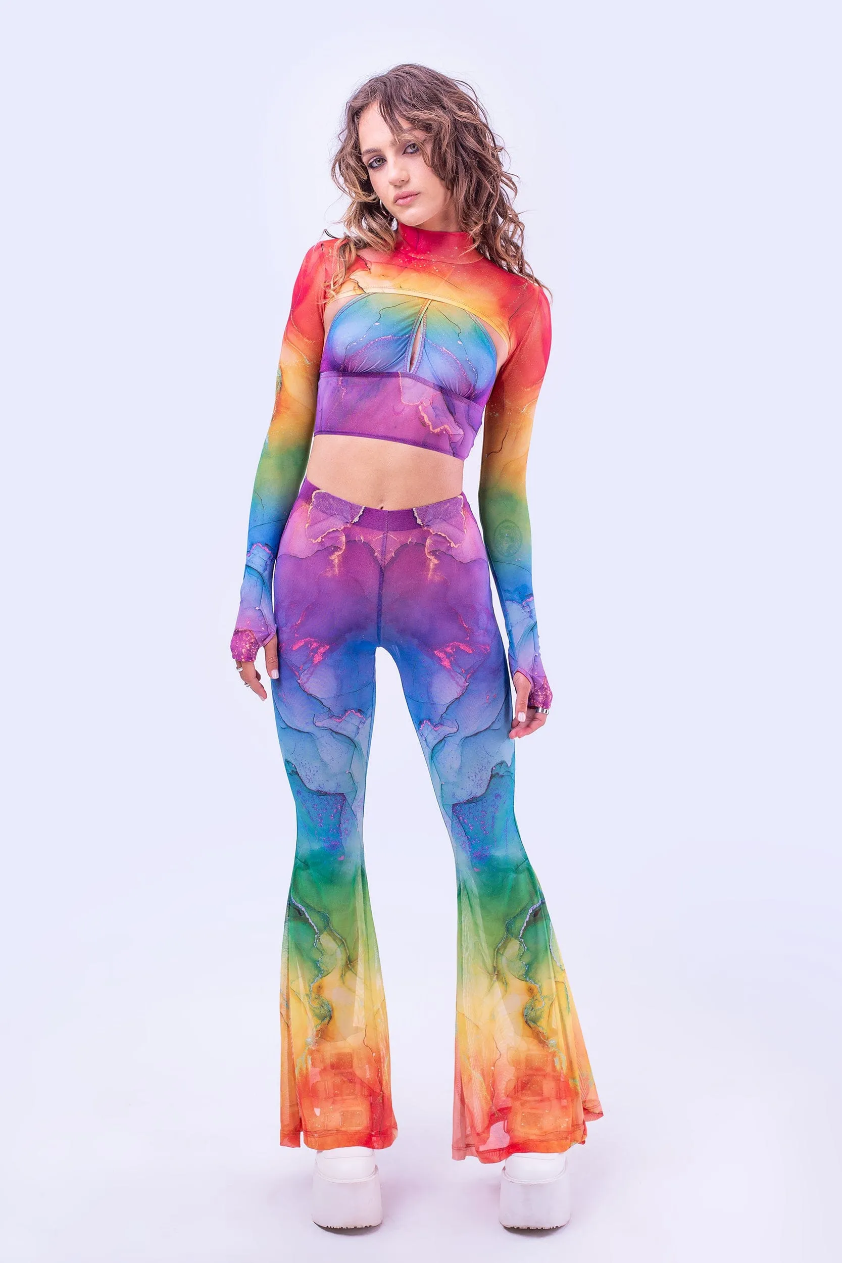 Rainbow Marble Bell Bottom Mesh Pants