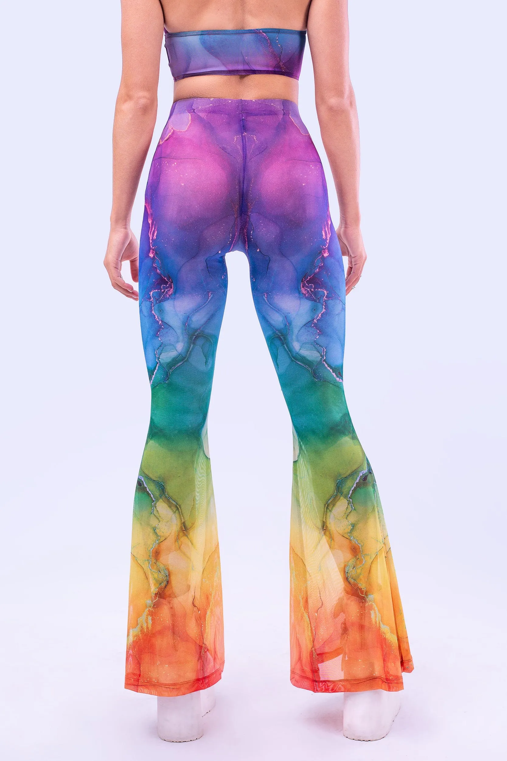 Rainbow Marble Bell Bottom Mesh Pants