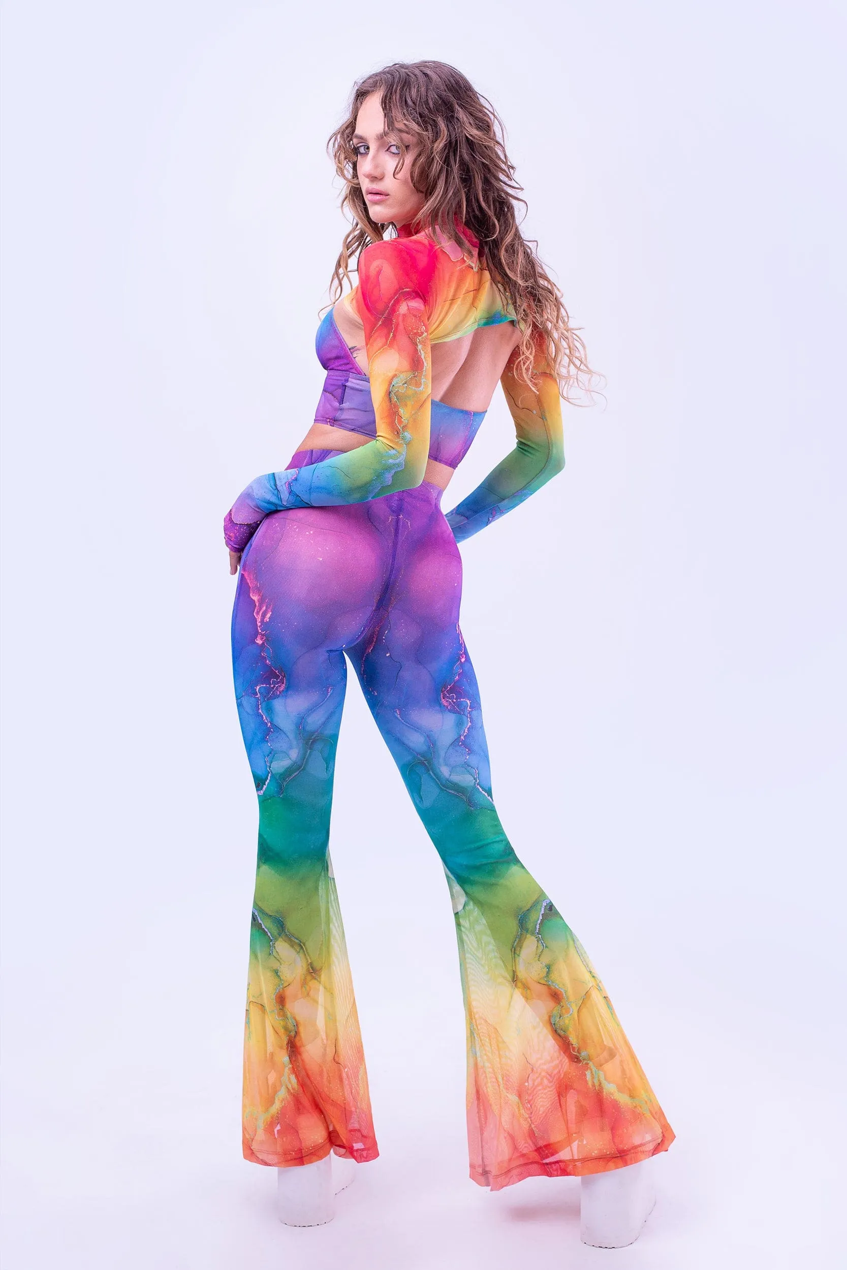 Rainbow Marble Bell Bottom Mesh Pants