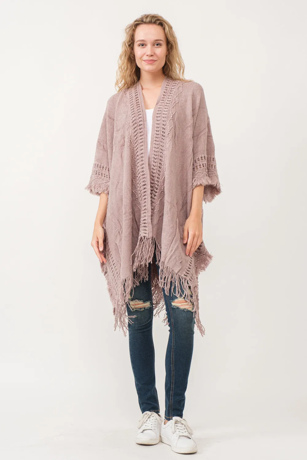 RAJ ISSEY CROCHET BORDER PONCHO RUANA ROSEWOOD