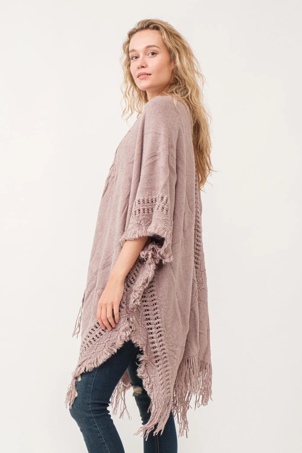 RAJ ISSEY CROCHET BORDER PONCHO RUANA ROSEWOOD