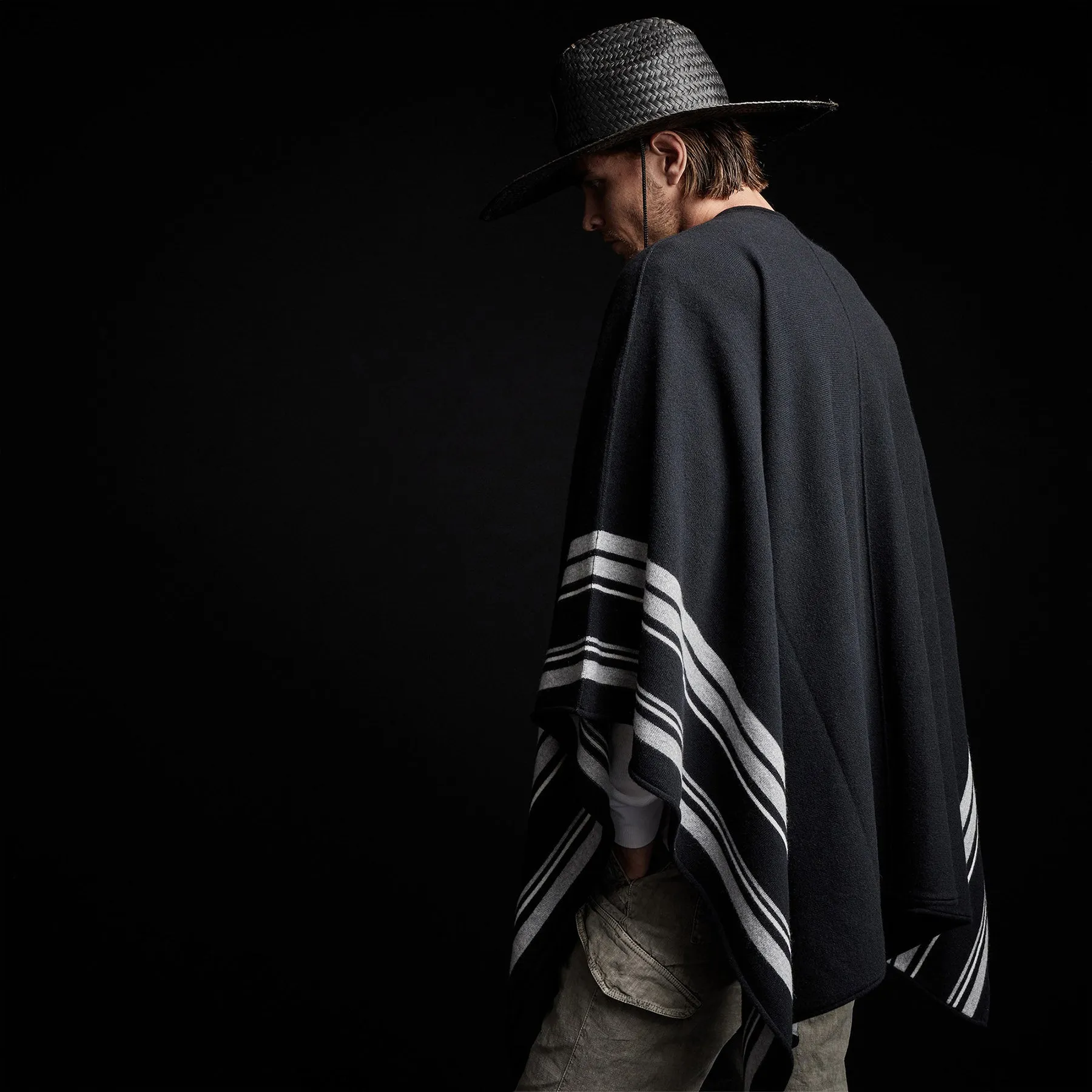 Recycled Cashmere Striped Poncho - Black