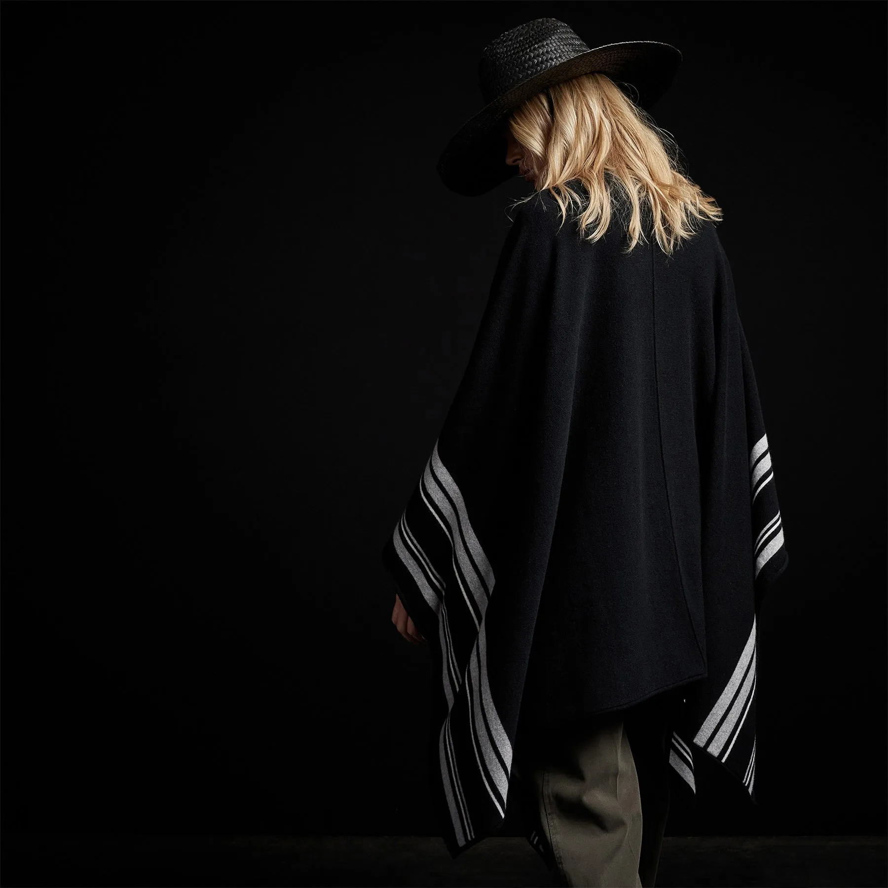 Recycled Cashmere Striped Poncho - Black