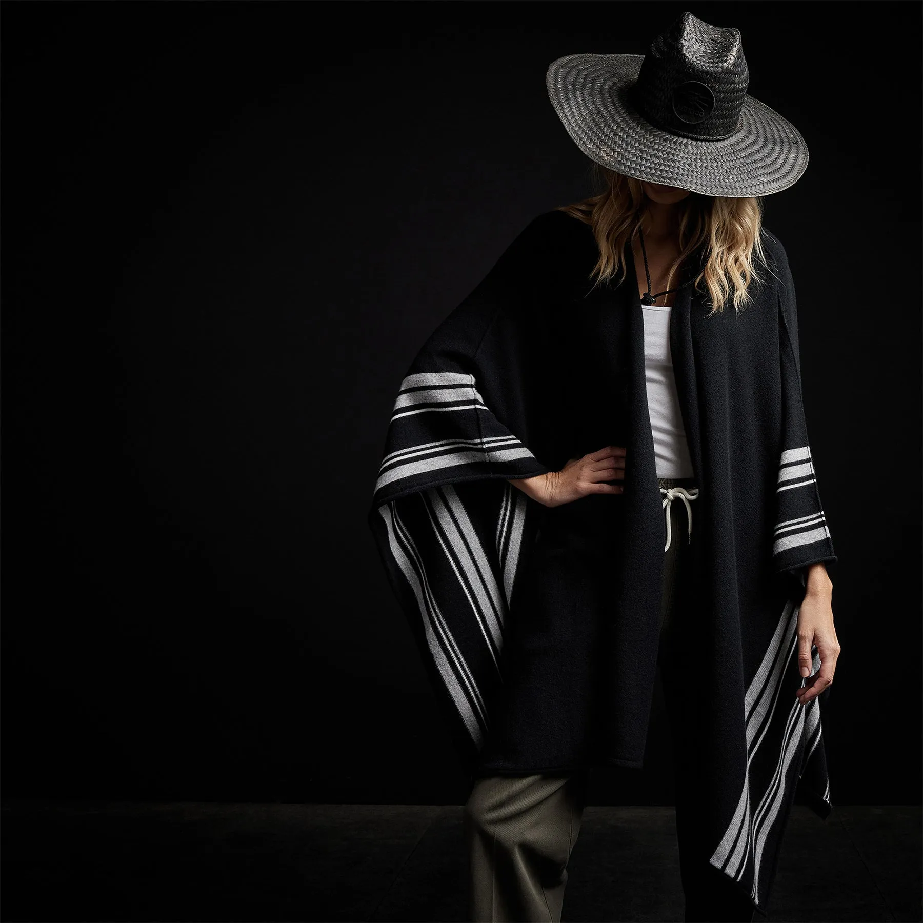 Recycled Cashmere Striped Poncho - Black