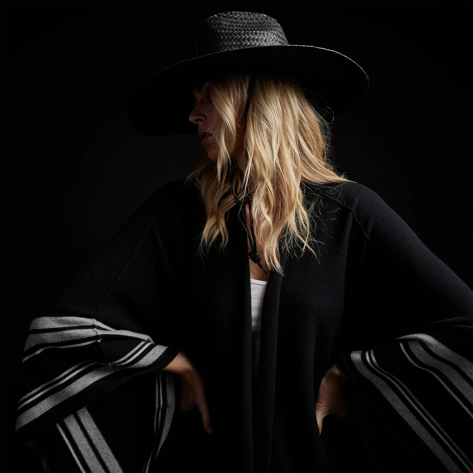 Recycled Cashmere Striped Poncho - Black