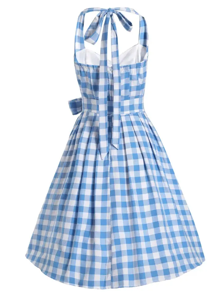 Retro Style Halter Neck Skater Dress Blue & White Gingham by Dolly and Dotty