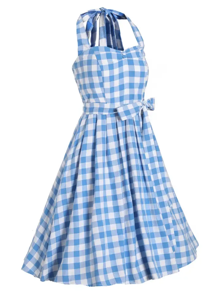 Retro Style Halter Neck Skater Dress Blue & White Gingham by Dolly and Dotty