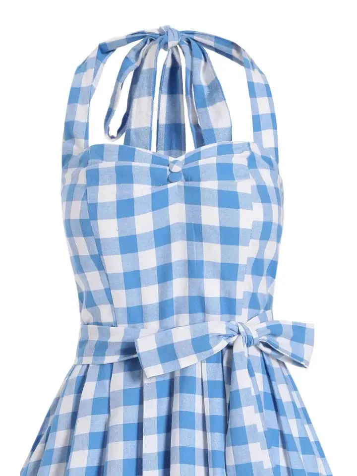 Retro Style Halter Neck Skater Dress Blue & White Gingham by Dolly and Dotty