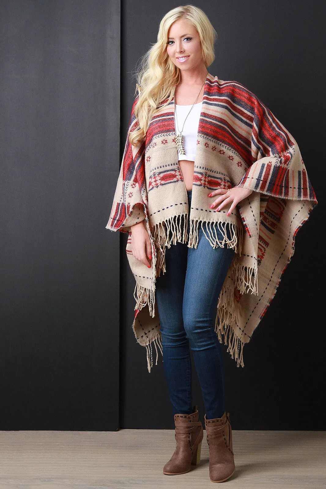 Reversible Navajo Print Fringe Poncho