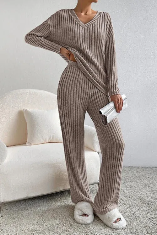 Ribbed V-Neck Top and Pants Set