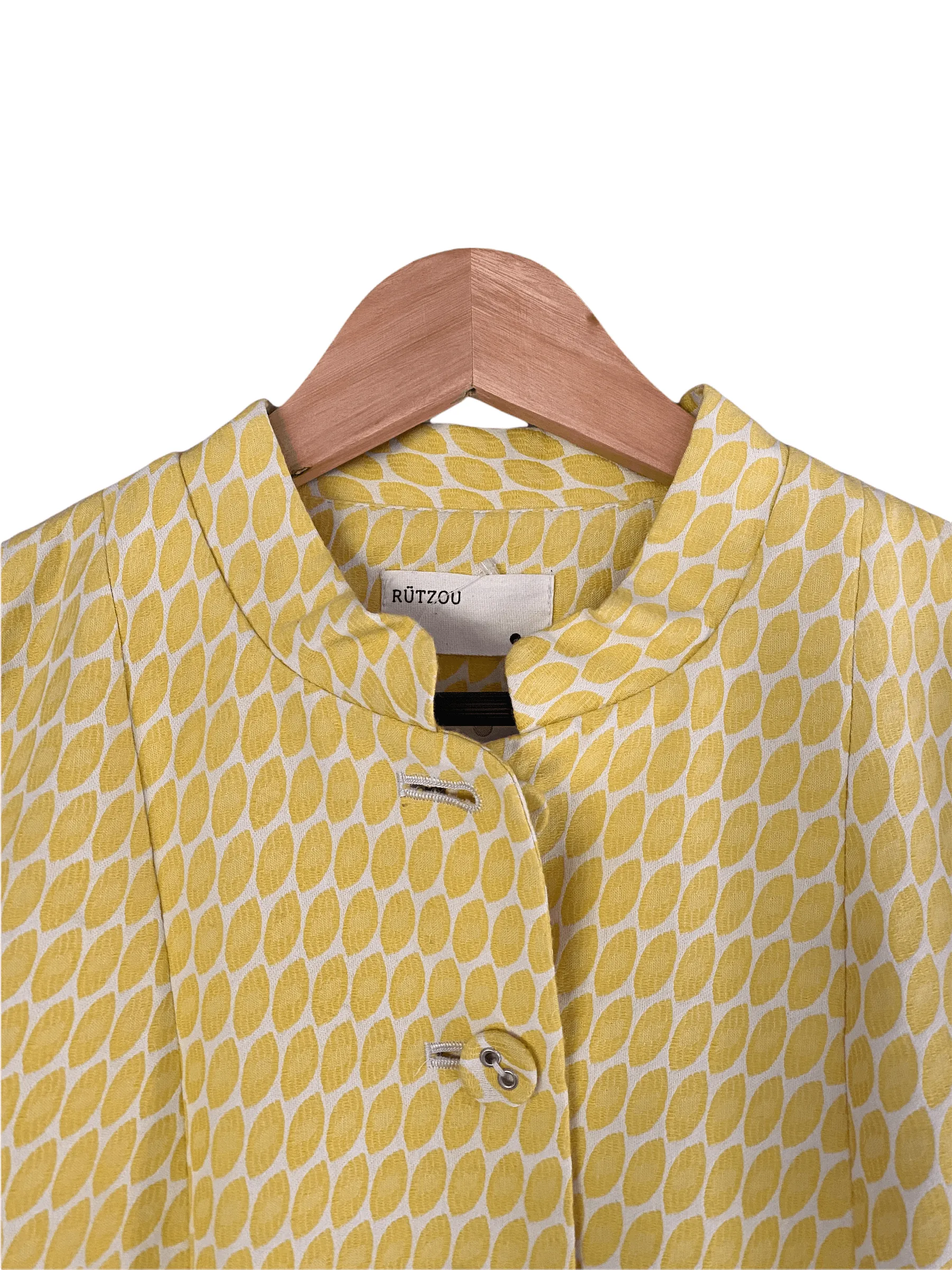 Rutzou Linen Mix Jacket Round Collar Yellow Pattern Size 40 UK Size 12