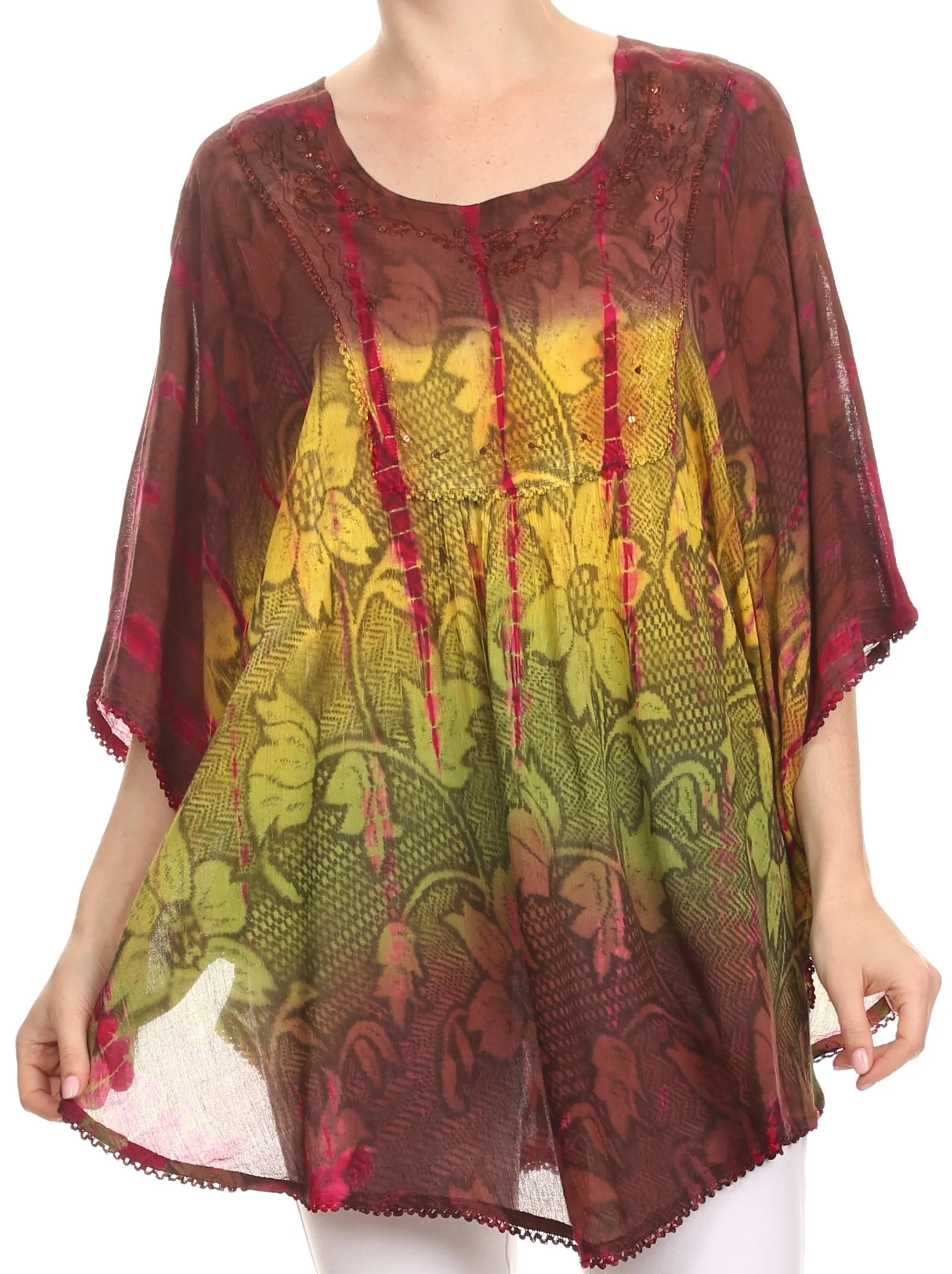 Sakkas Ellesa Ombre Tie Dye Circle Poncho Blouse Shirt Top With Sequin Embroidery