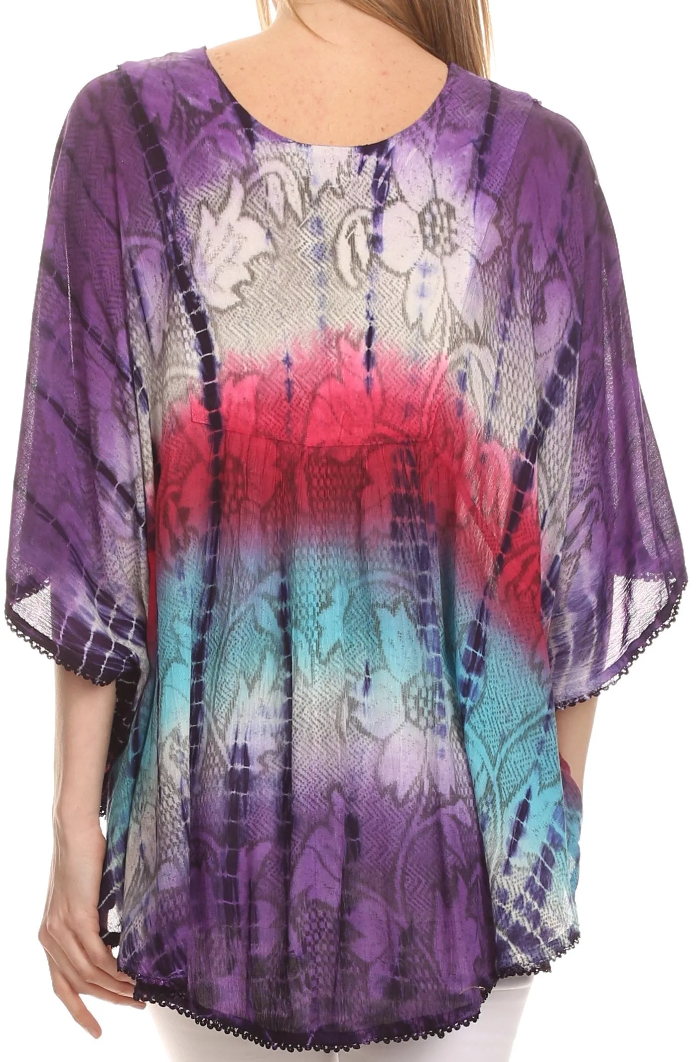 Sakkas Ellesa Ombre Tie Dye Circle Poncho Blouse Shirt Top With Sequin Embroidery