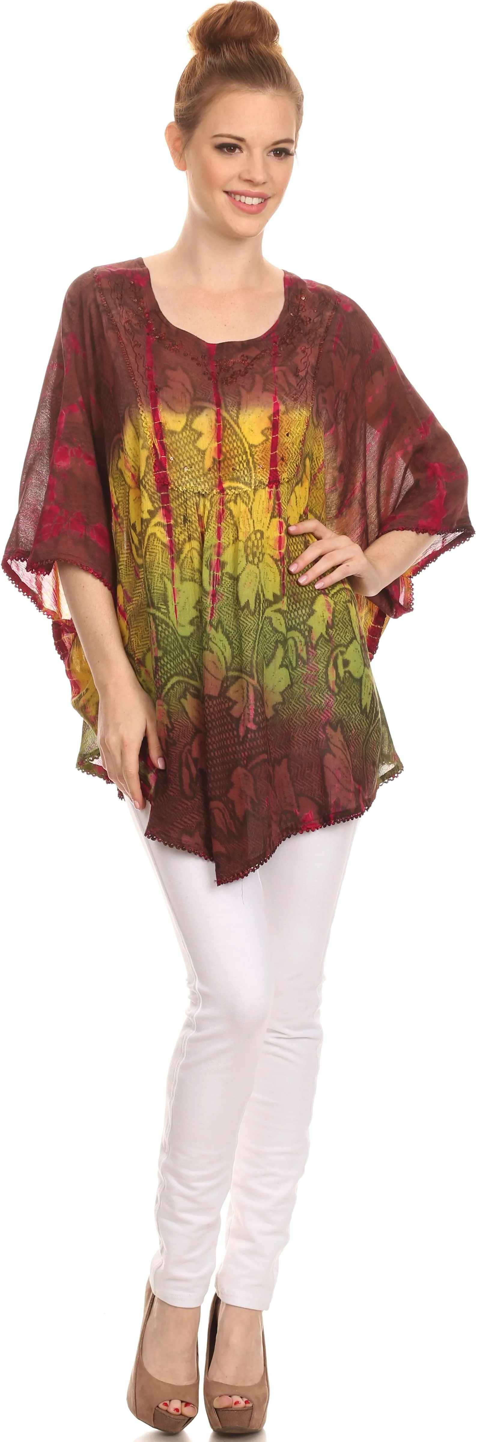 Sakkas Ellesa Ombre Tie Dye Circle Poncho Blouse Shirt Top With Sequin Embroidery