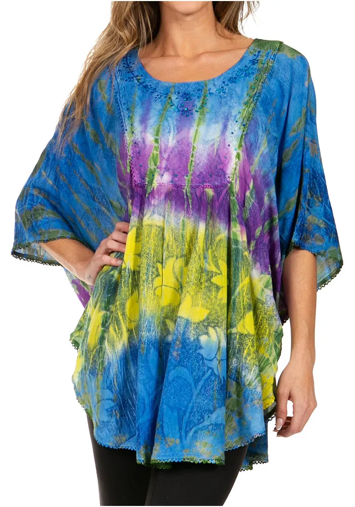 Sakkas Ellesa Ombre Tie Dye Circle Poncho Blouse Shirt Top With Sequin Embroidery