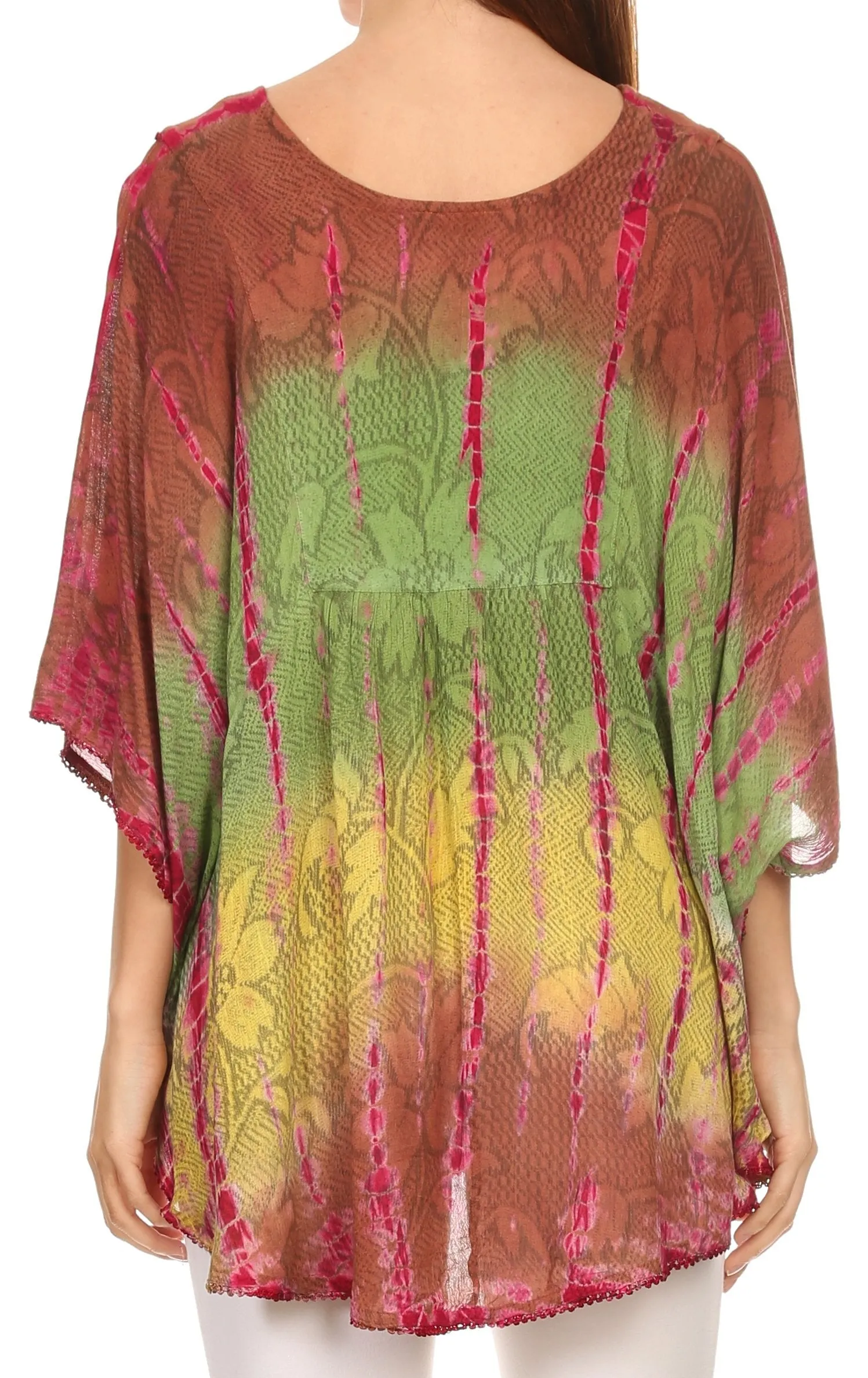 Sakkas Ellesa Ombre Tie Dye Circle Poncho Blouse Shirt Top With Sequin Embroidery