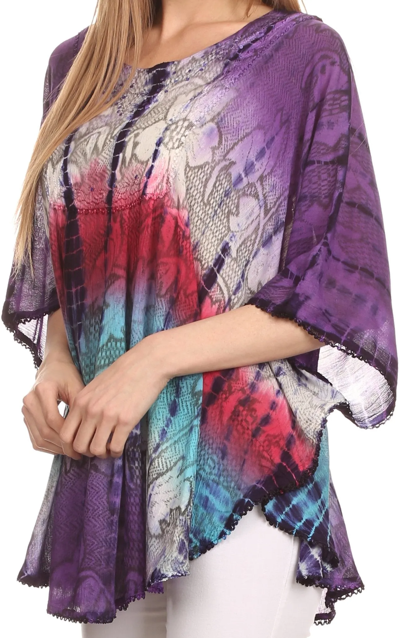 Sakkas Ellesa Ombre Tie Dye Circle Poncho Blouse Shirt Top With Sequin Embroidery