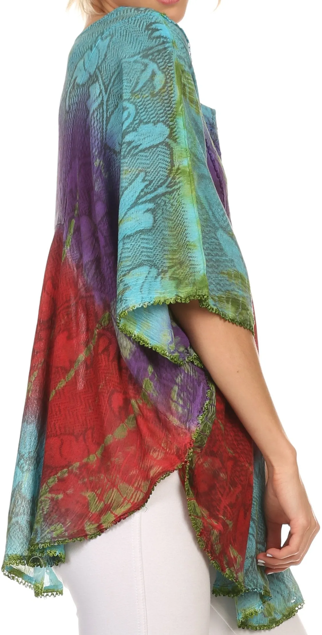 Sakkas Ellesa Ombre Tie Dye Circle Poncho Blouse Shirt Top With Sequin Embroidery