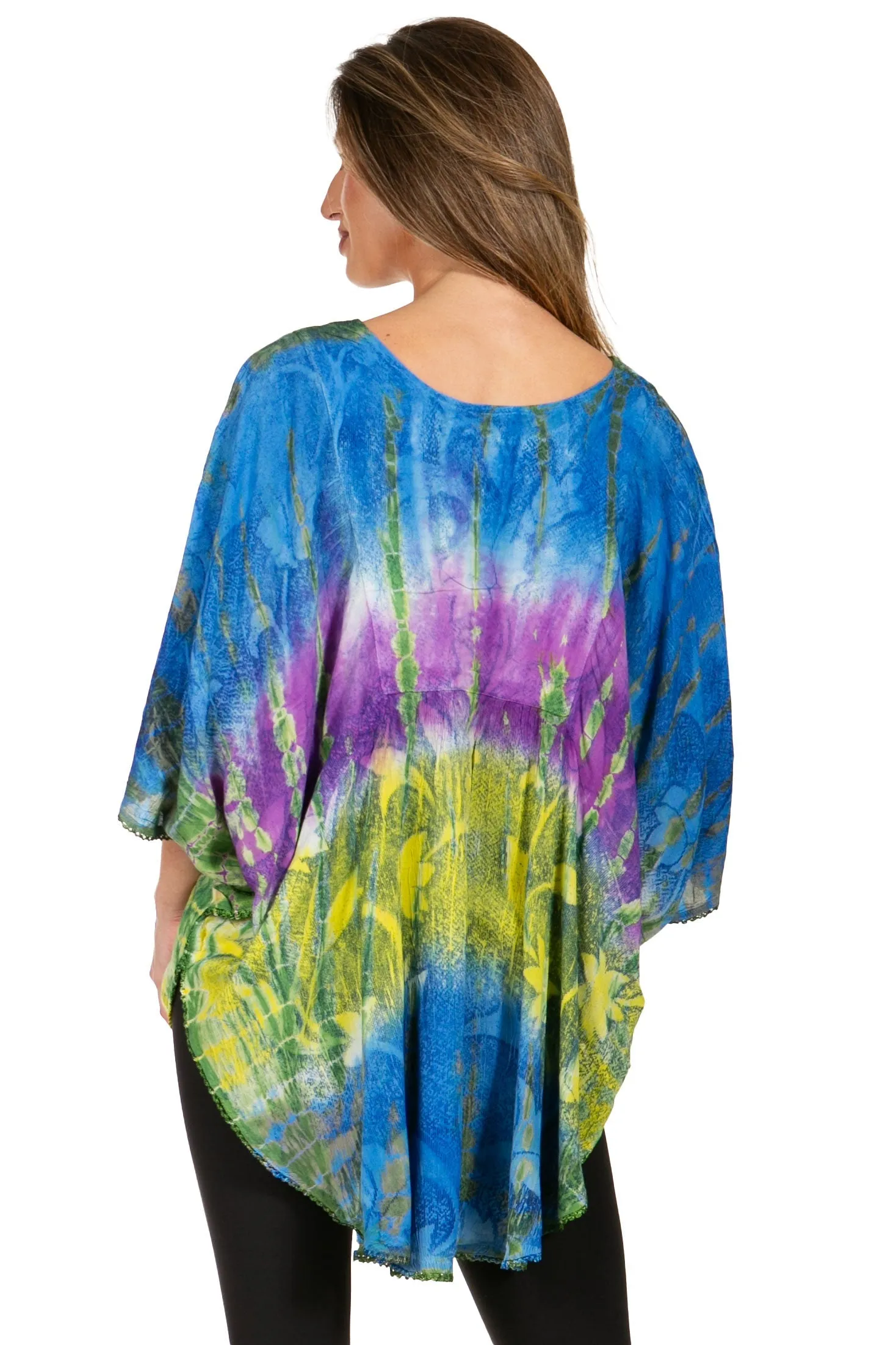 Sakkas Ellesa Ombre Tie Dye Circle Poncho Blouse Shirt Top With Sequin Embroidery