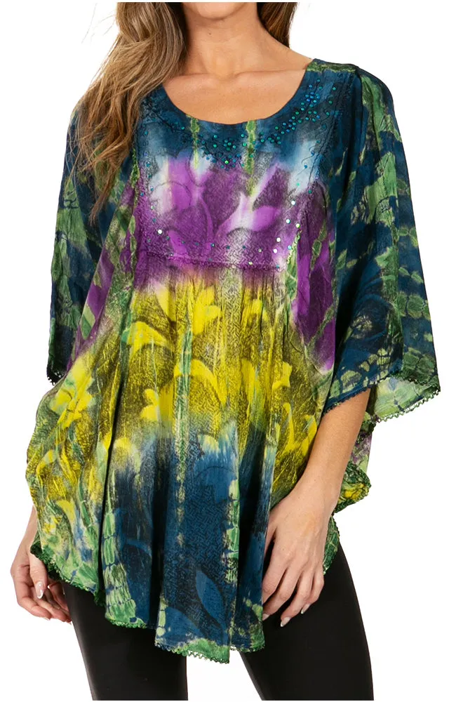 Sakkas Ellesa Ombre Tie Dye Circle Poncho Blouse Shirt Top With Sequin Embroidery