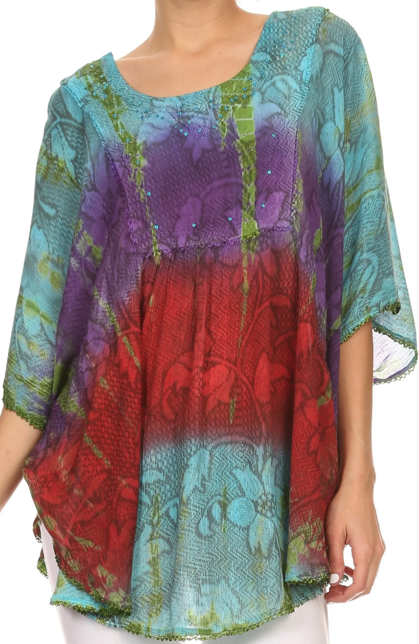 Sakkas Ellesa Ombre Tie Dye Circle Poncho Blouse Shirt Top With Sequin Embroidery