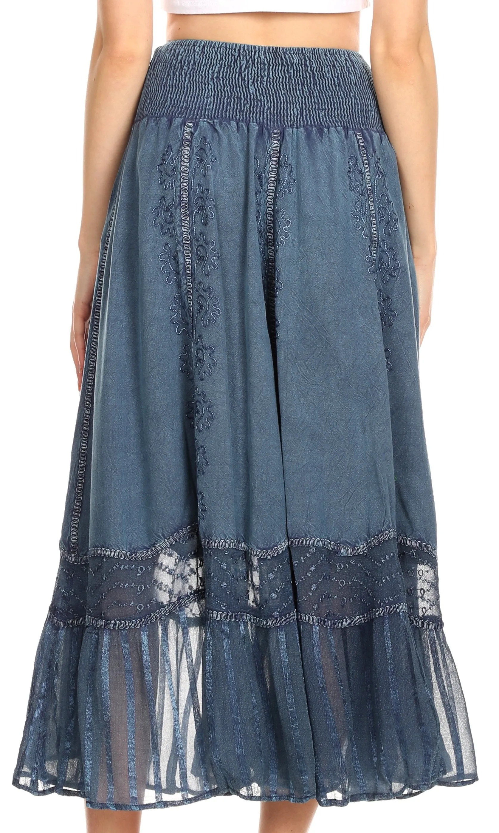 Sakkas Shamim Boho Maxi Long Skirt with Sheer Textured Panels W/ Smocked Waistband