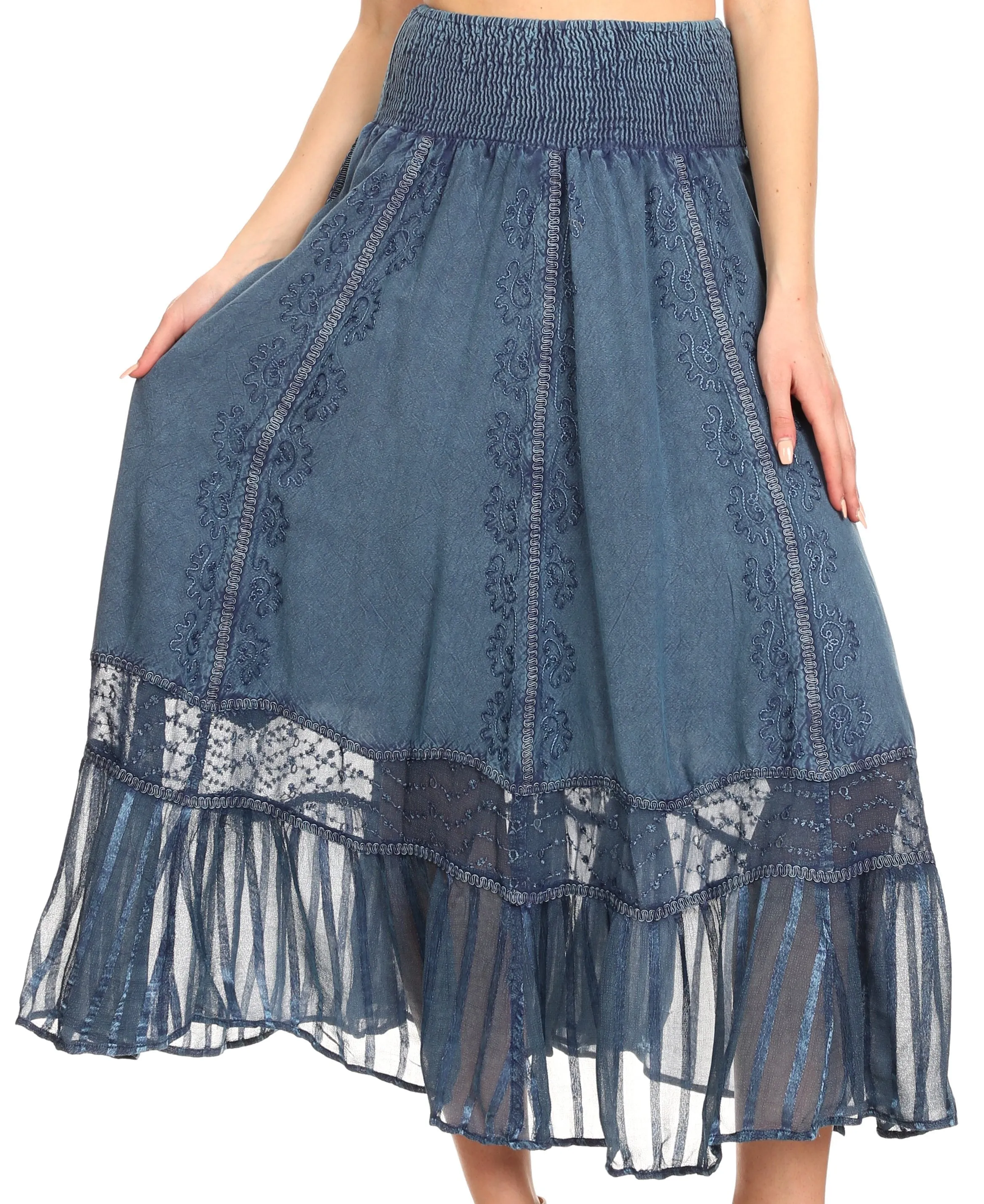 Sakkas Shamim Boho Maxi Long Skirt with Sheer Textured Panels W/ Smocked Waistband