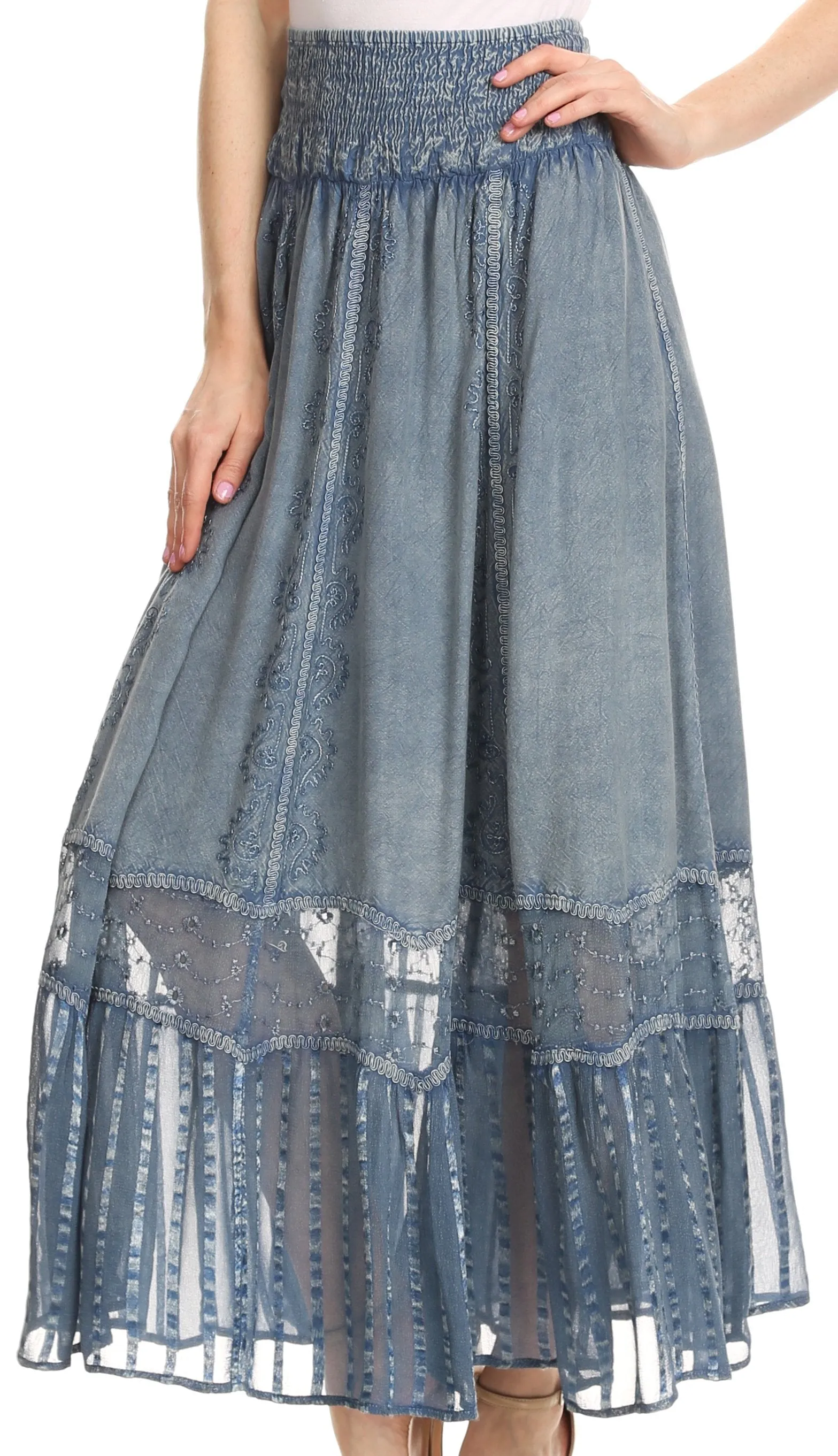 Sakkas Shamim Boho Maxi Long Skirt with Sheer Textured Panels W/ Smocked Waistband