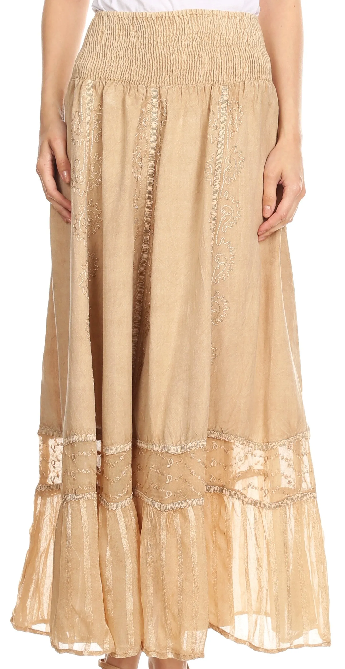 Sakkas Shamim Boho Maxi Long Skirt with Sheer Textured Panels W/ Smocked Waistband