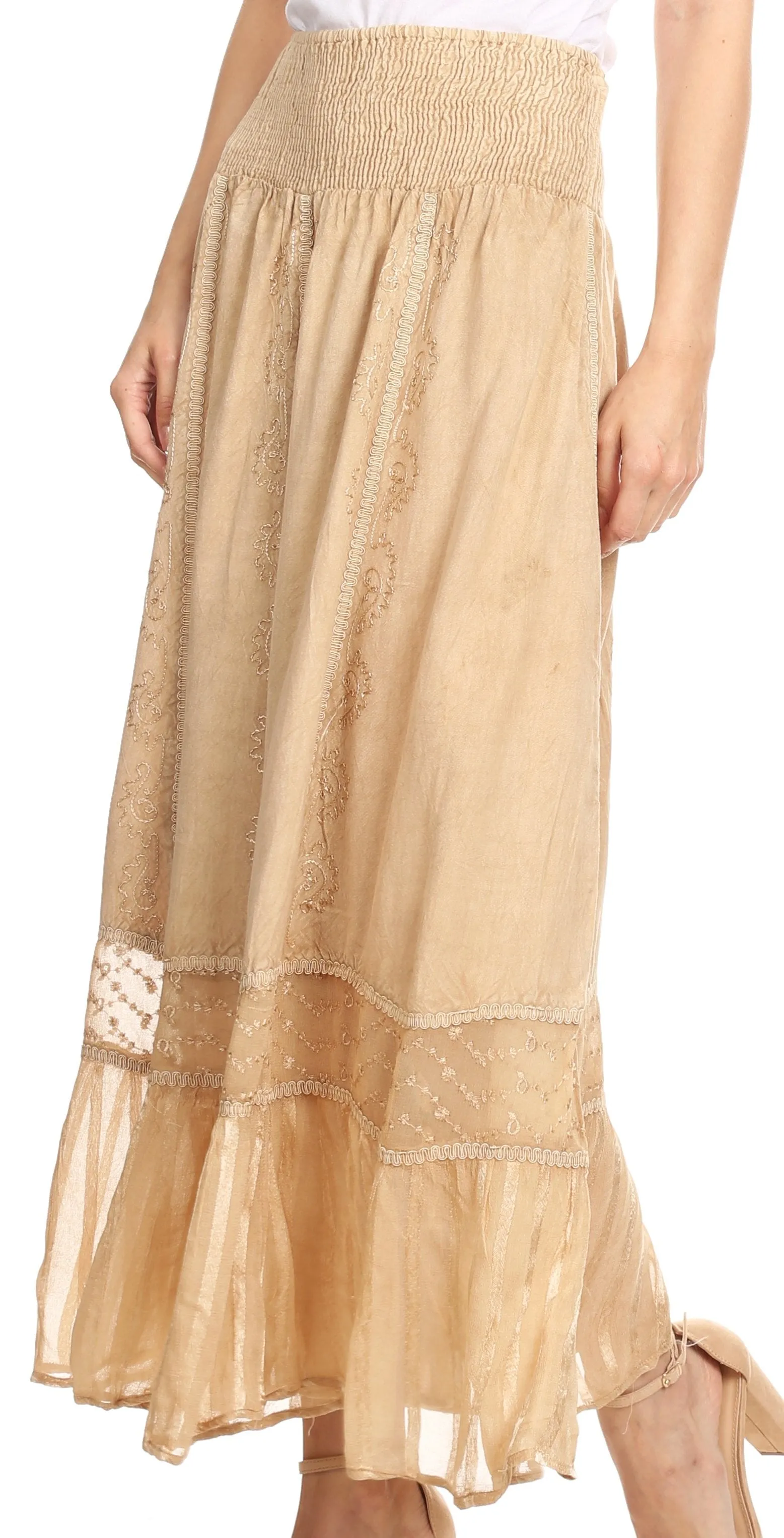 Sakkas Shamim Boho Maxi Long Skirt with Sheer Textured Panels W/ Smocked Waistband