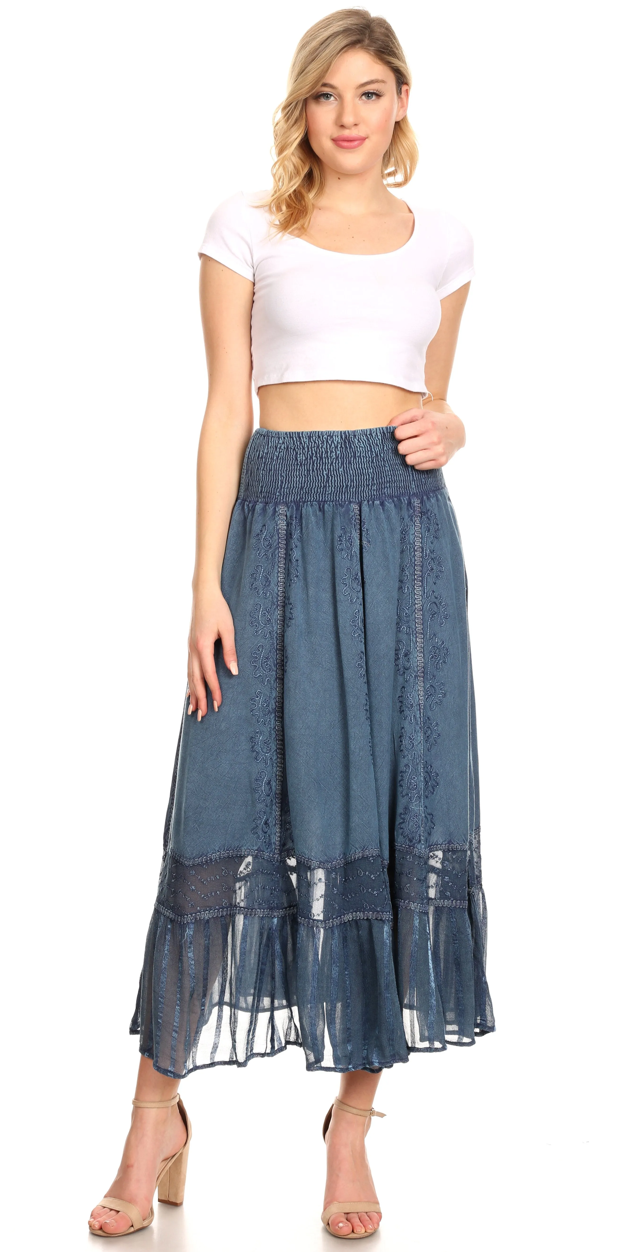 Sakkas Shamim Boho Maxi Long Skirt with Sheer Textured Panels W/ Smocked Waistband