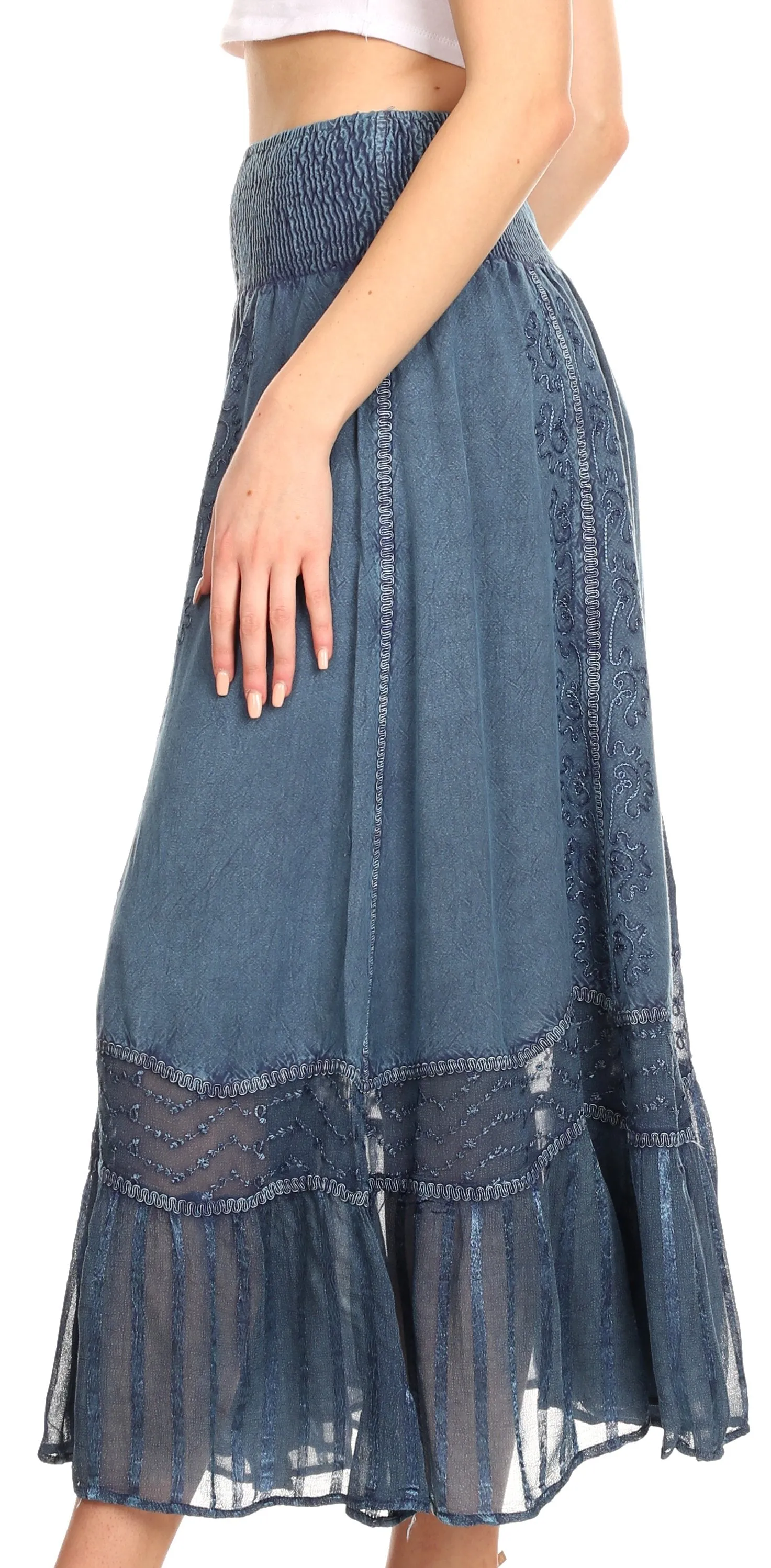 Sakkas Shamim Boho Maxi Long Skirt with Sheer Textured Panels W/ Smocked Waistband