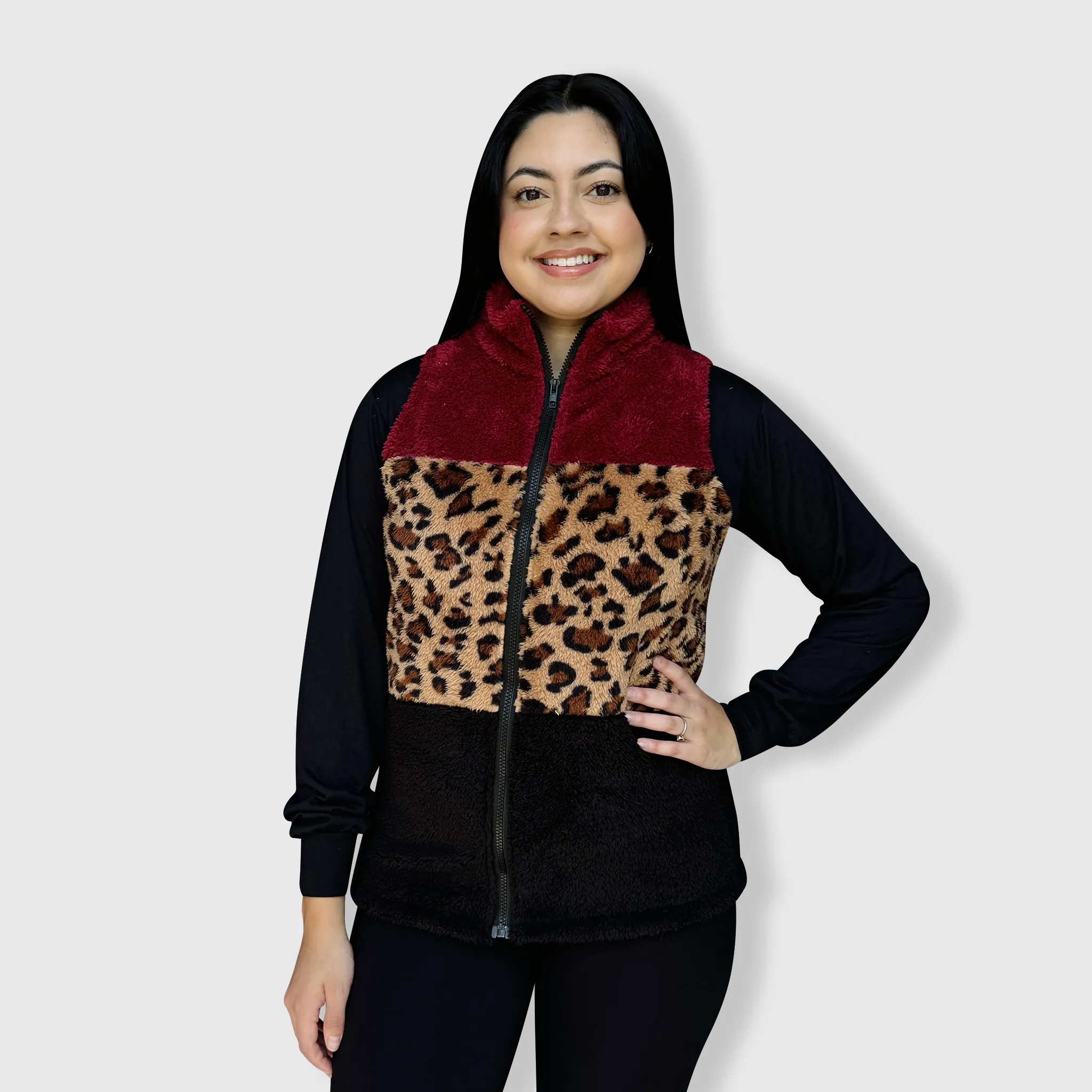 Sherpa Color Block Cheetah Burgundy Vest Women