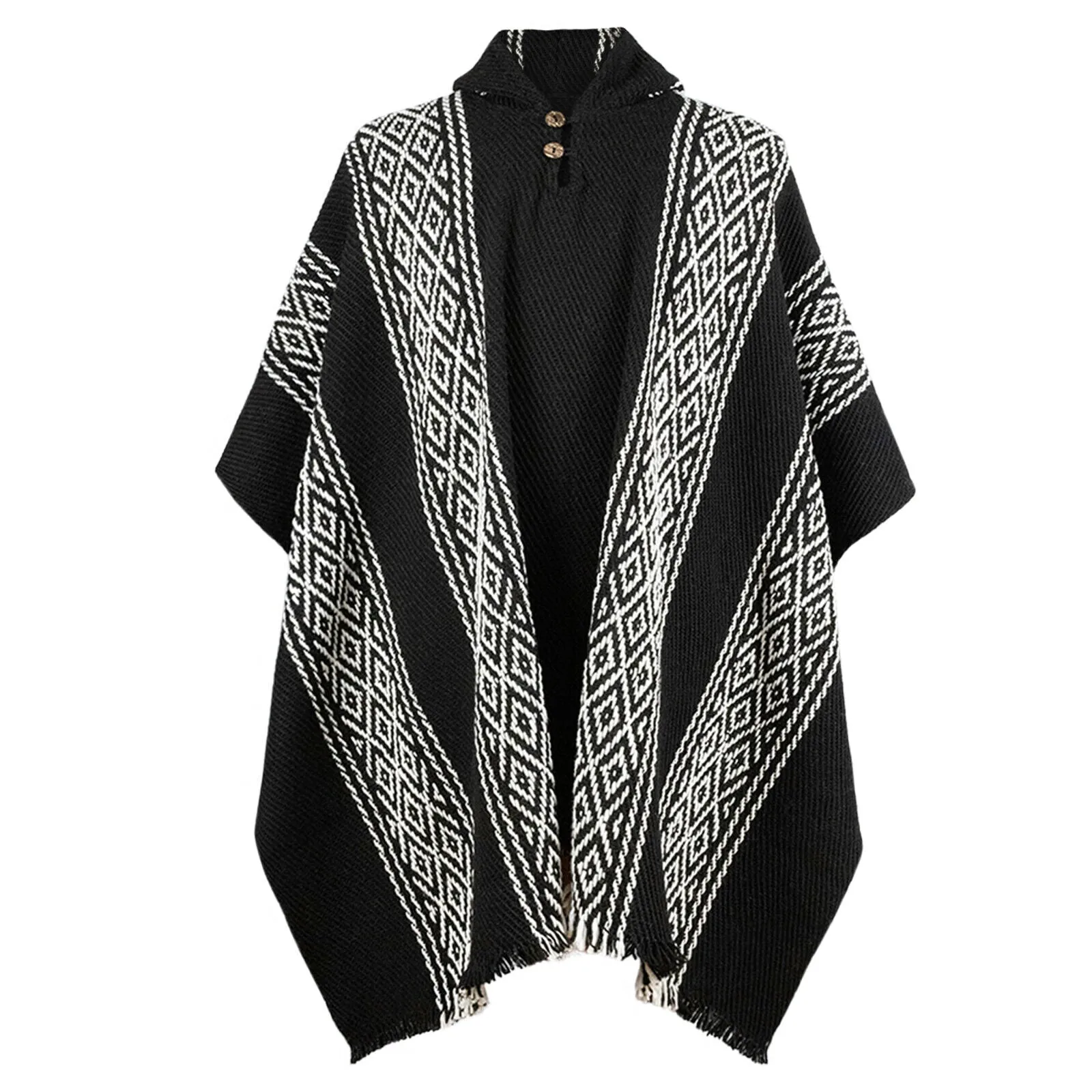 Shushufindi - Llama Wool Unisex South American Handwoven Thick Hooded Poncho - Geometric - Black/White