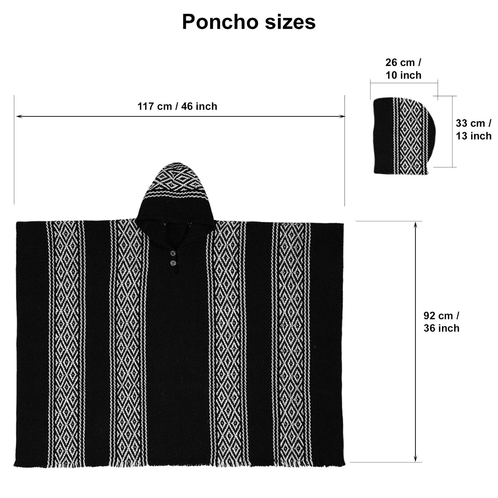 Shushufindi - Llama Wool Unisex South American Handwoven Thick Hooded Poncho - Geometric - Black/White