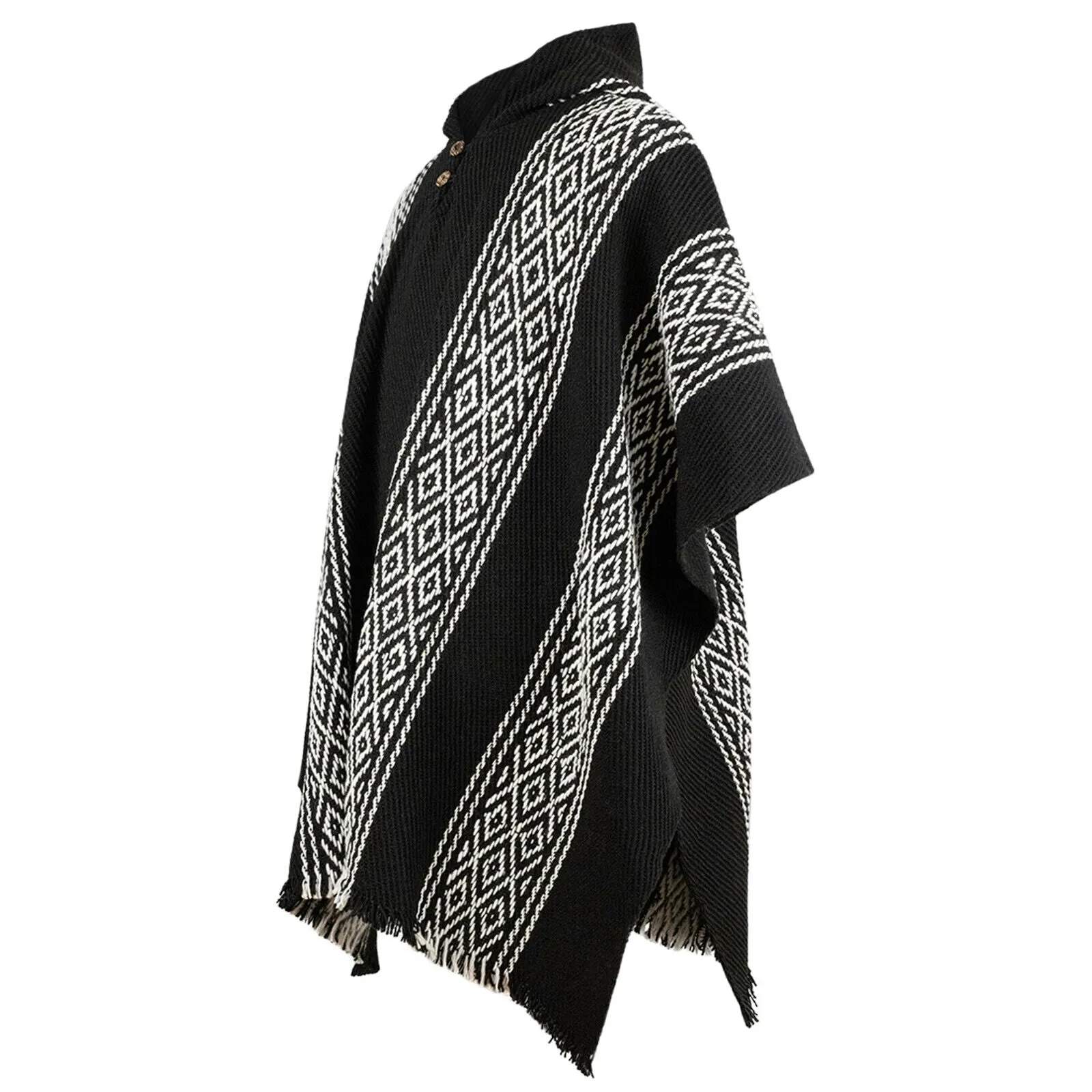 Shushufindi - Llama Wool Unisex South American Handwoven Thick Hooded Poncho - Geometric - Black/White