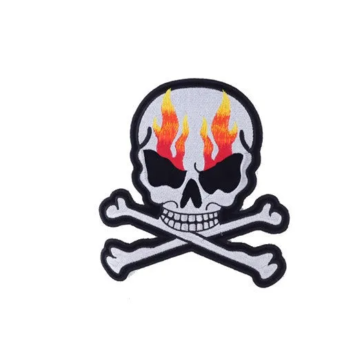 Silver Metallic Skull And Crossbones With Flames Large Motorcycle Vest Patch 8" x 7"