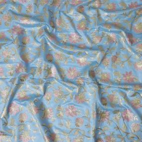 Sky Blue Cotton Silk Fabric with Pink and Gold Floral Embroidery, 110 cm Width-D20432