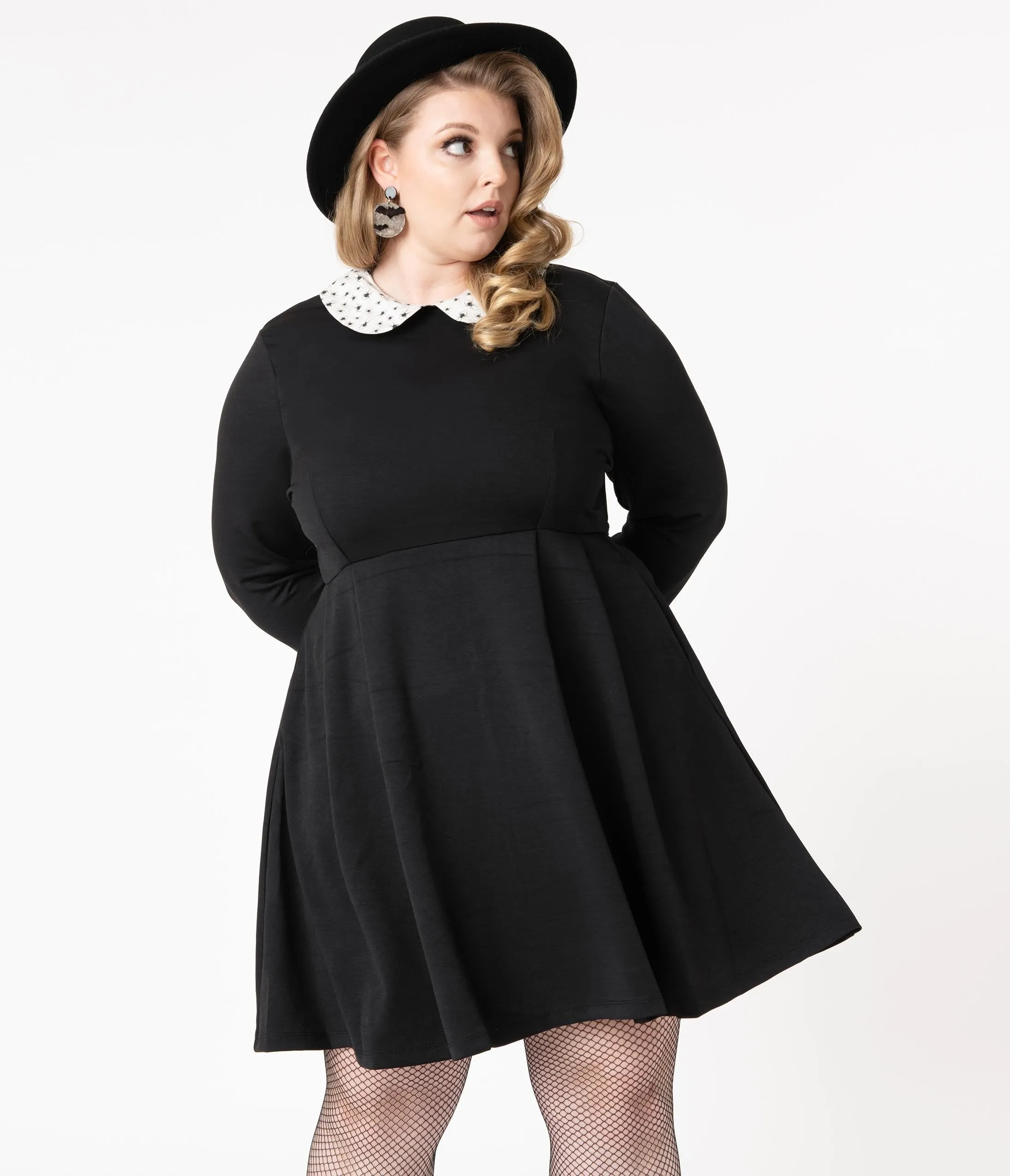 Smak Parlour Plus Size Black & Spider Print Collar New A-List Fit & Flare Dress