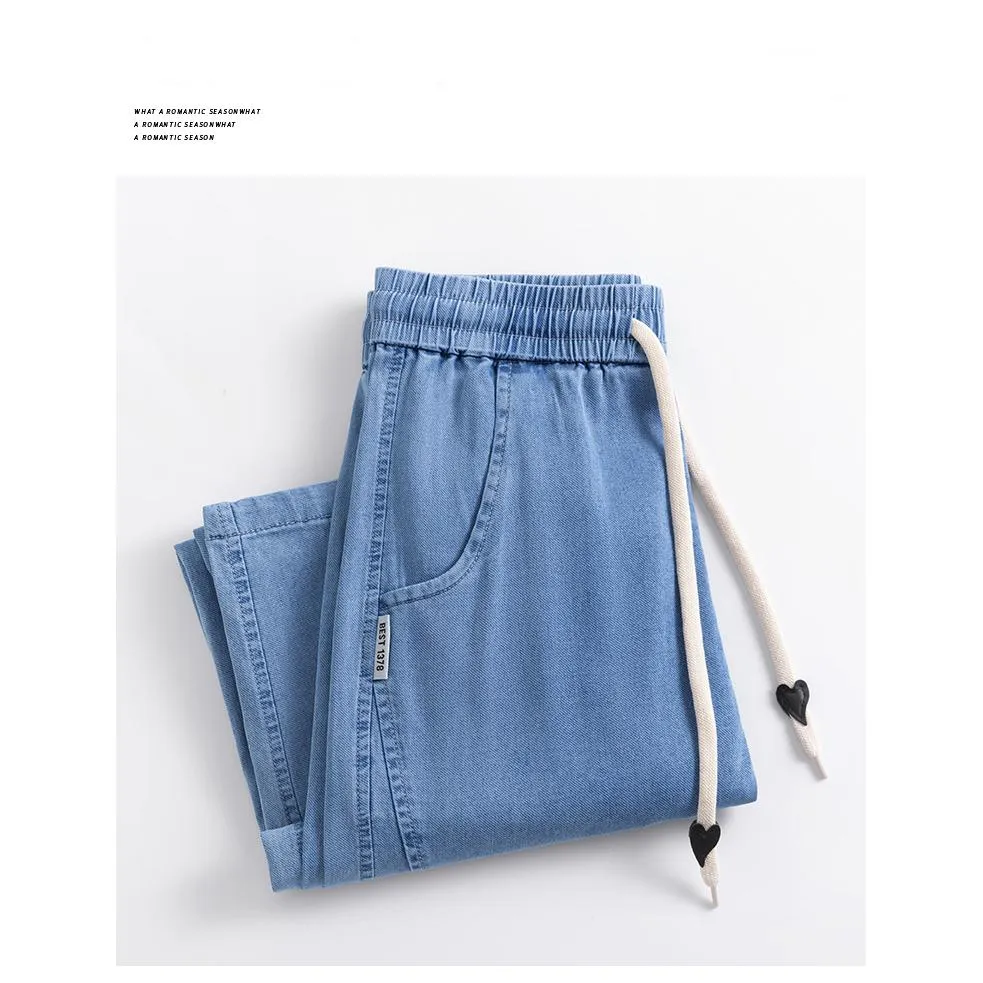 Soft Thin Straight Leg Slimming High-Waisted Draping Drawstring Waist Jeans