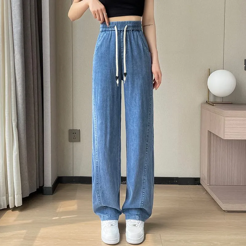 Soft Thin Straight Leg Slimming High-Waisted Draping Drawstring Waist Jeans