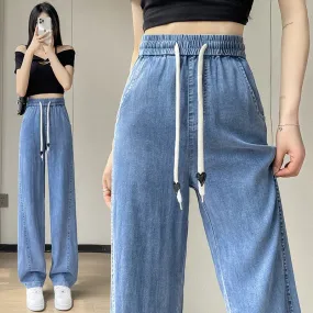 Soft Thin Straight Leg Slimming High-Waisted Draping Drawstring Waist Jeans