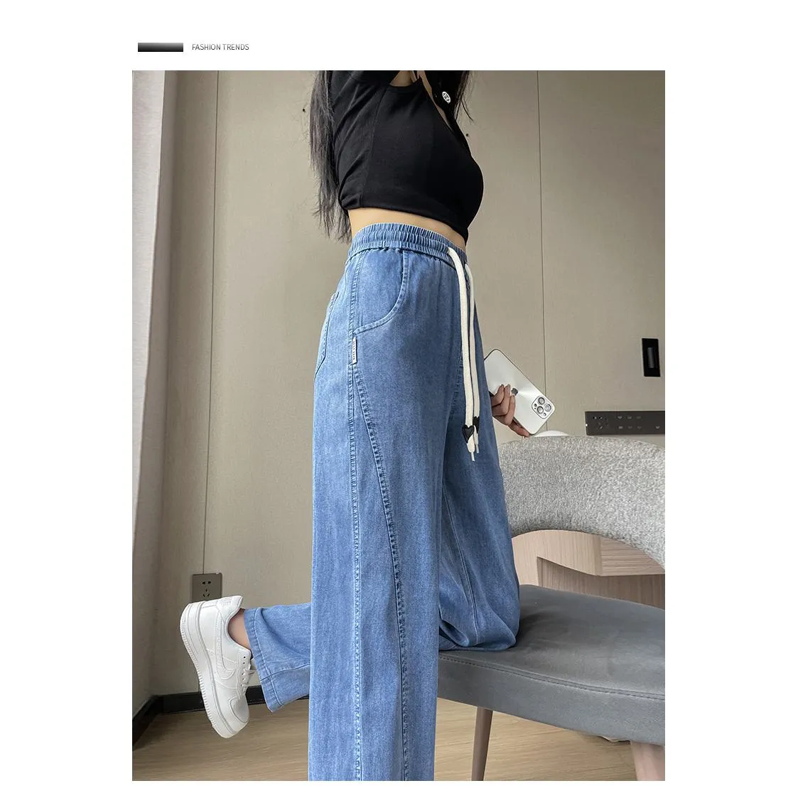 Soft Thin Straight Leg Slimming High-Waisted Draping Drawstring Waist Jeans