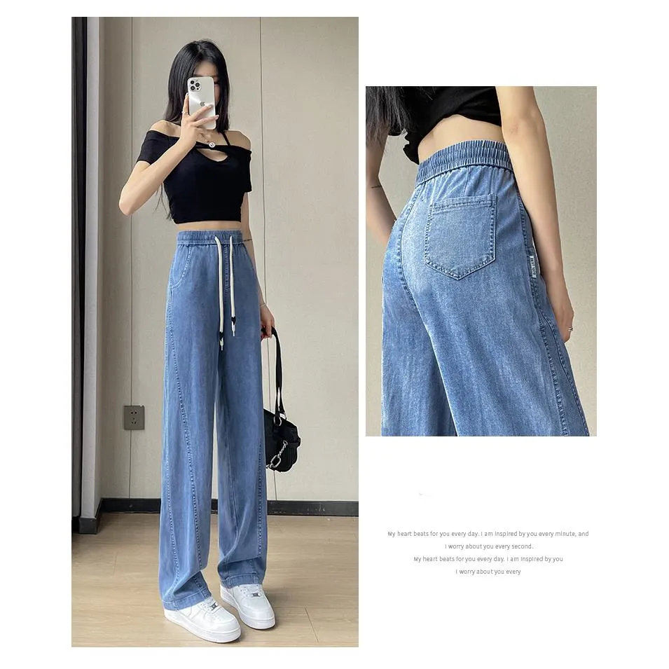 Soft Thin Straight Leg Slimming High-Waisted Draping Drawstring Waist Jeans