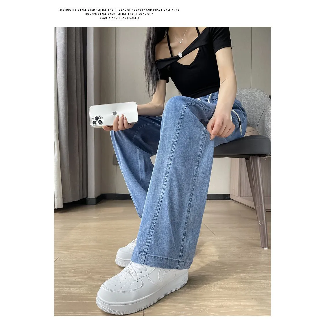 Soft Thin Straight Leg Slimming High-Waisted Draping Drawstring Waist Jeans