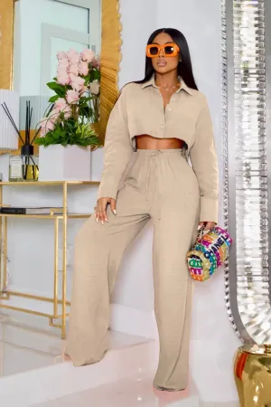 Solid Crop Shirt Wide Leg Long Pants Suits